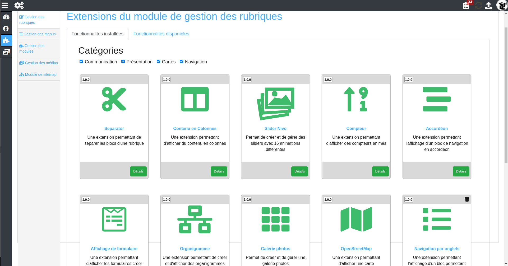 Le panneau d'accès aux fonctionnalités de notre CMS