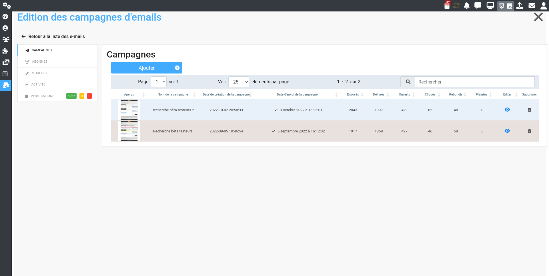 Le listing des campagnes d'email