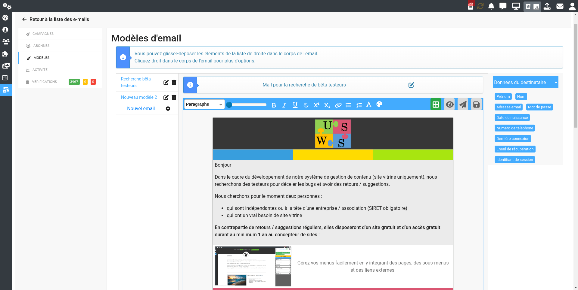 Le panneau de gestion des newsletters de notre CMS